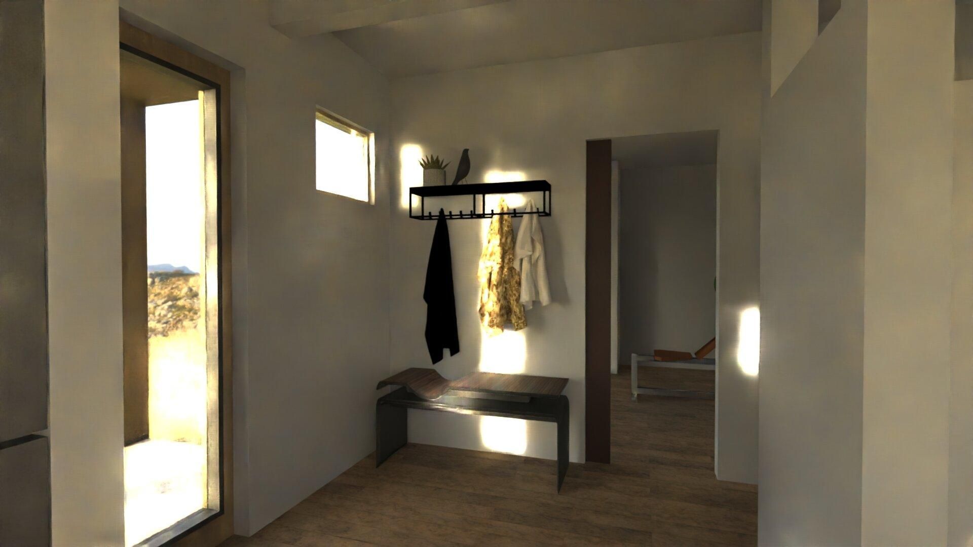 Hallway with sunlight, a bench, and coats hanging on a rack.