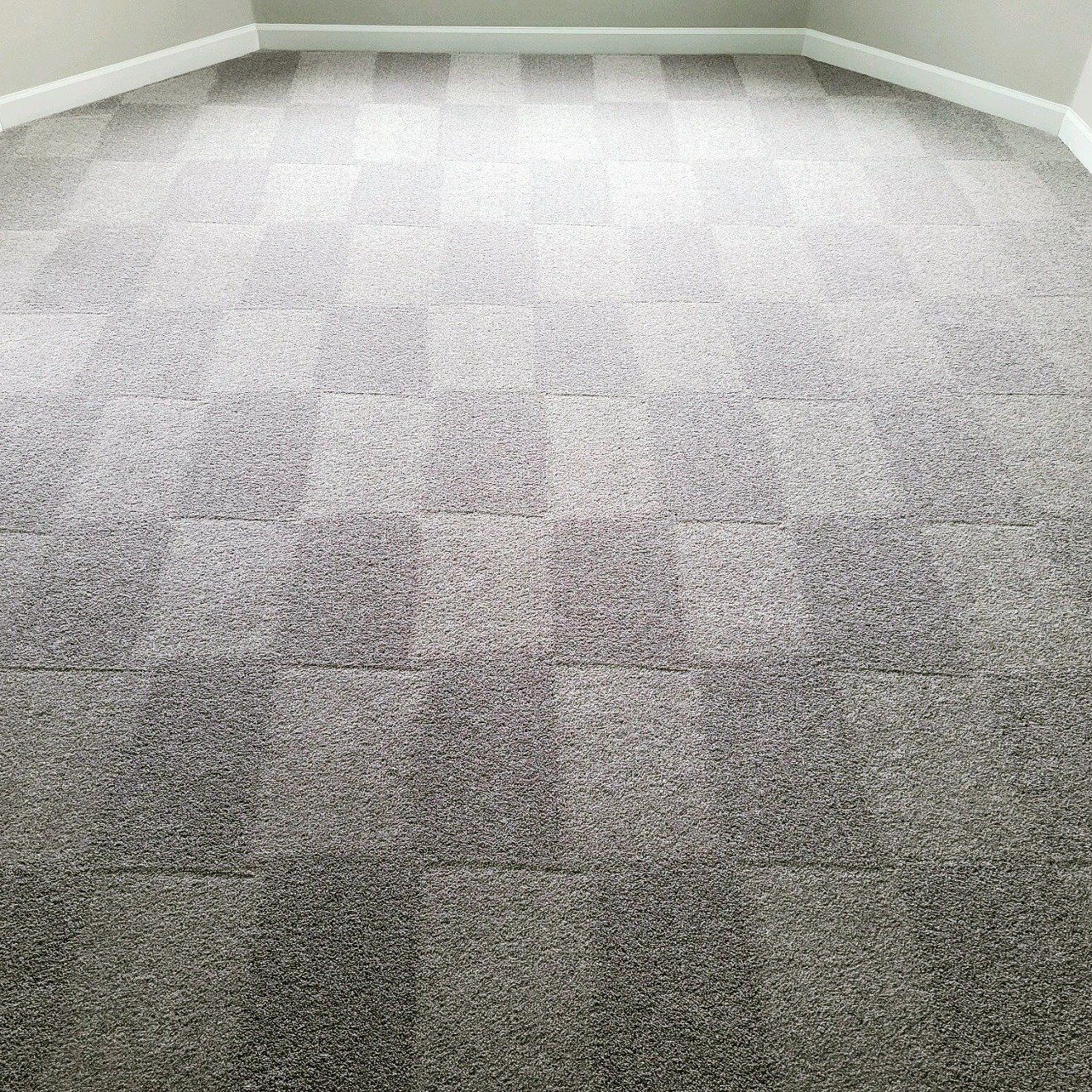 a room with a gray carpeted floor and white trim.