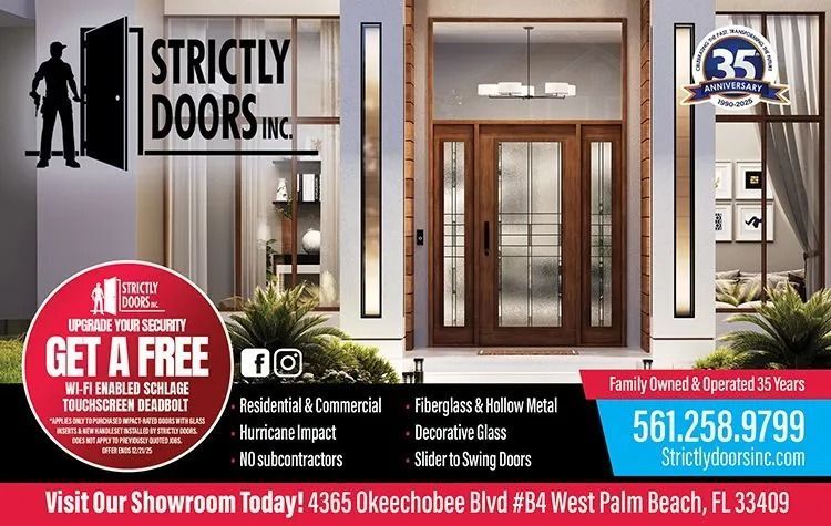 Advertisement for Strictly Doors Inc., featuring a door display, logo, phone number, and free offer.