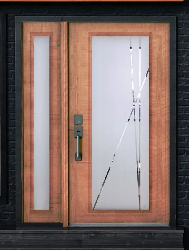 Wooden front door with frosted glass and side panel, framed in black, on a brick building.