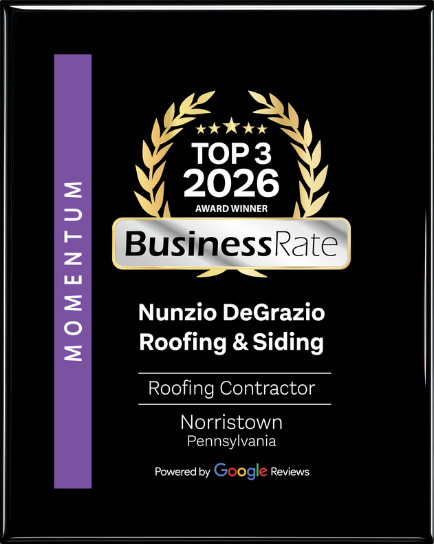 BusinessRate Top 3 2026 award plaque for Nunzio DeGrazio Roofing & Siding with purple momentum bar.