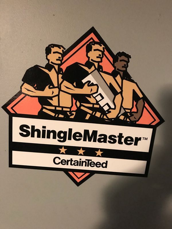 ShingleMaster logo with three roofers holding tools over a diamond badge, in black, white, pink, and tan.