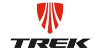 TREK logo with red shield mark above black wordmark