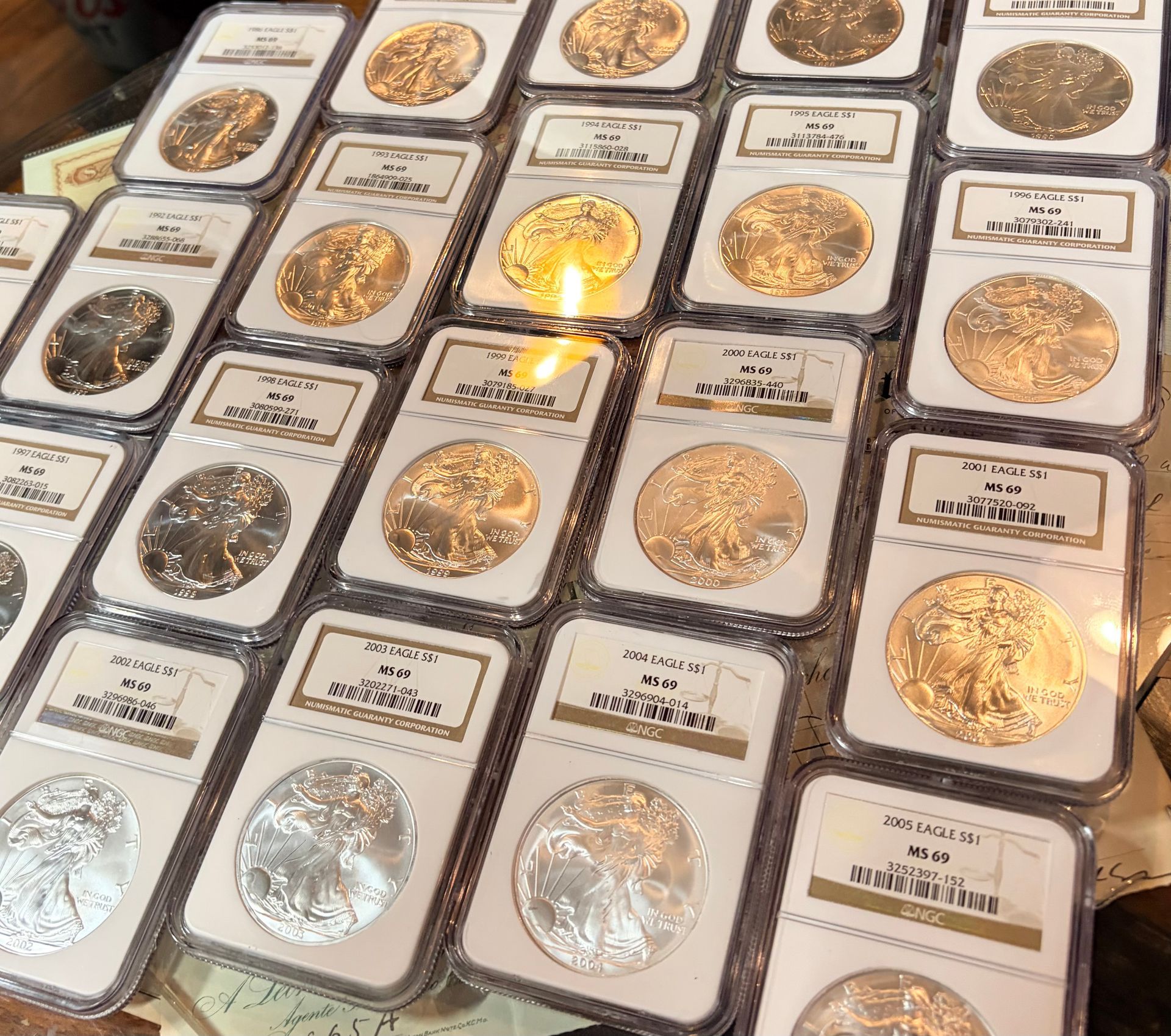 A collection of gold and silver American Eagle coins in individual protective plastic grading slabs.