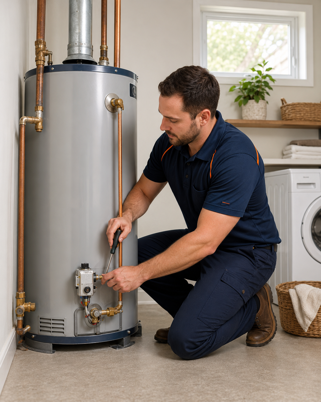 Technician kneeling beside a water heater, adjusting the lower valve in a utility room