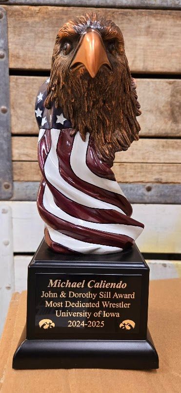 A statue of an eagle holding an american flag on a wooden table.