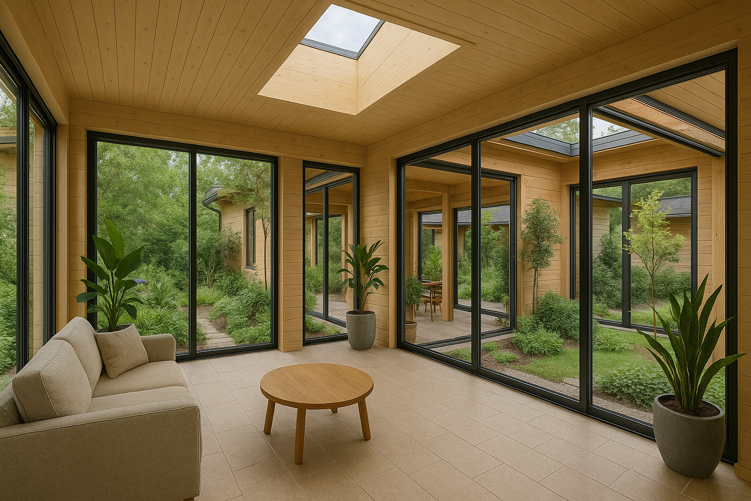 VI Properties Modern living room with natural light, houseplants, and wood accents showing biophilic design.