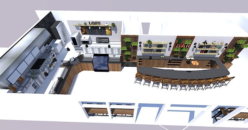 an aerial view of a kitchen and dining room