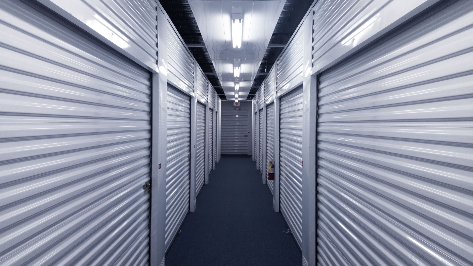 A hallway of closed white metal roll-up storage unit doors under bright overhead lights.