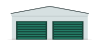 A white detached garage building with two green, horizontal-slatted garage doors and a gray gable roof.