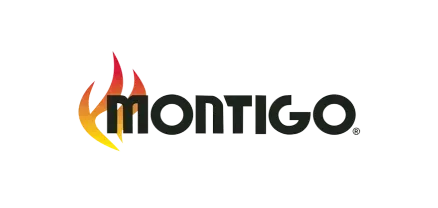 A logo for a company called montigo with a fire coming out of it.