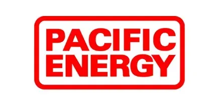 The pacific energy logo is red and white on a white background.