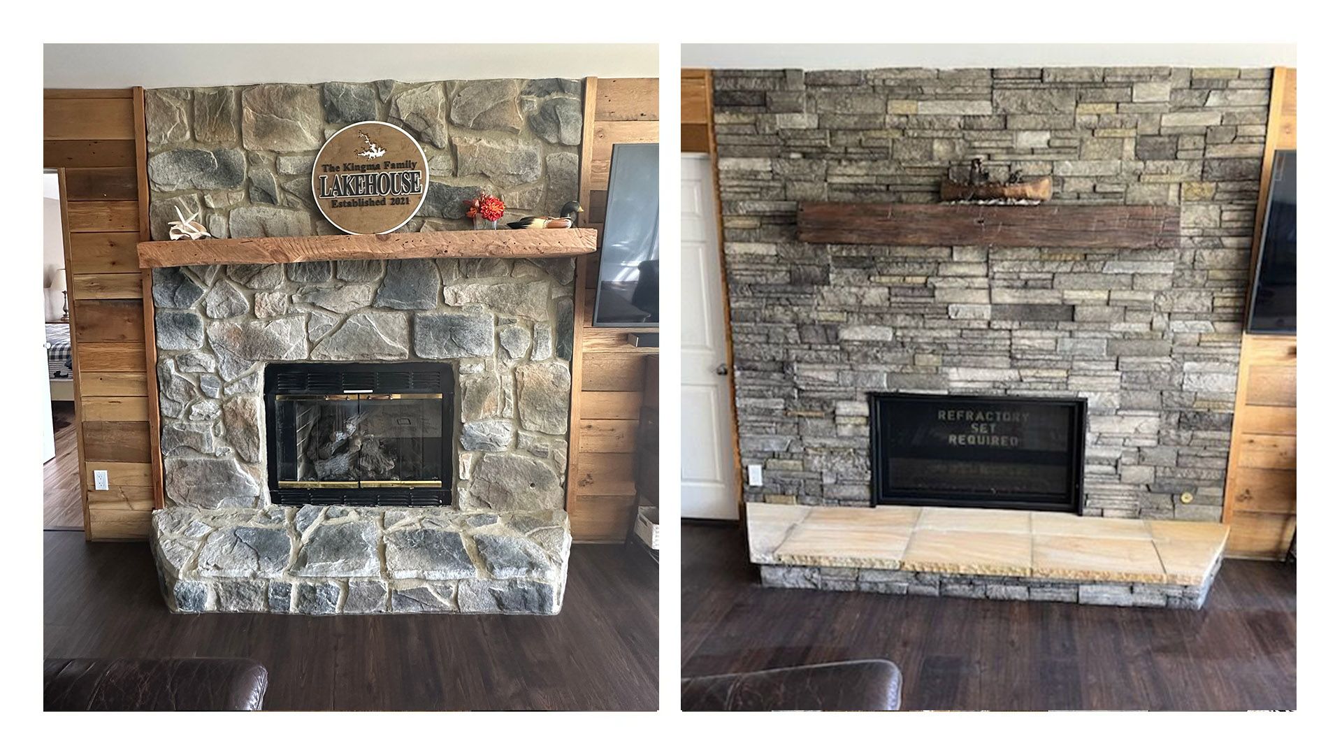A before and after picture of a stone fireplace in a living room.