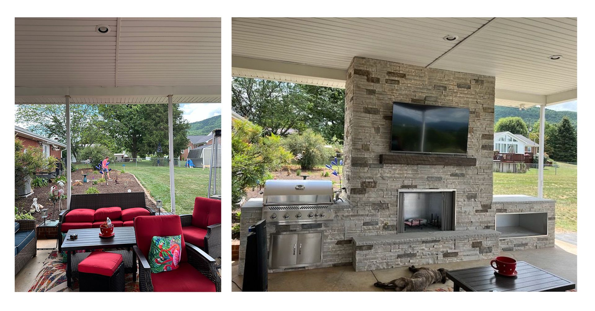 Before and after living room with a fireplace and a television on the wall.