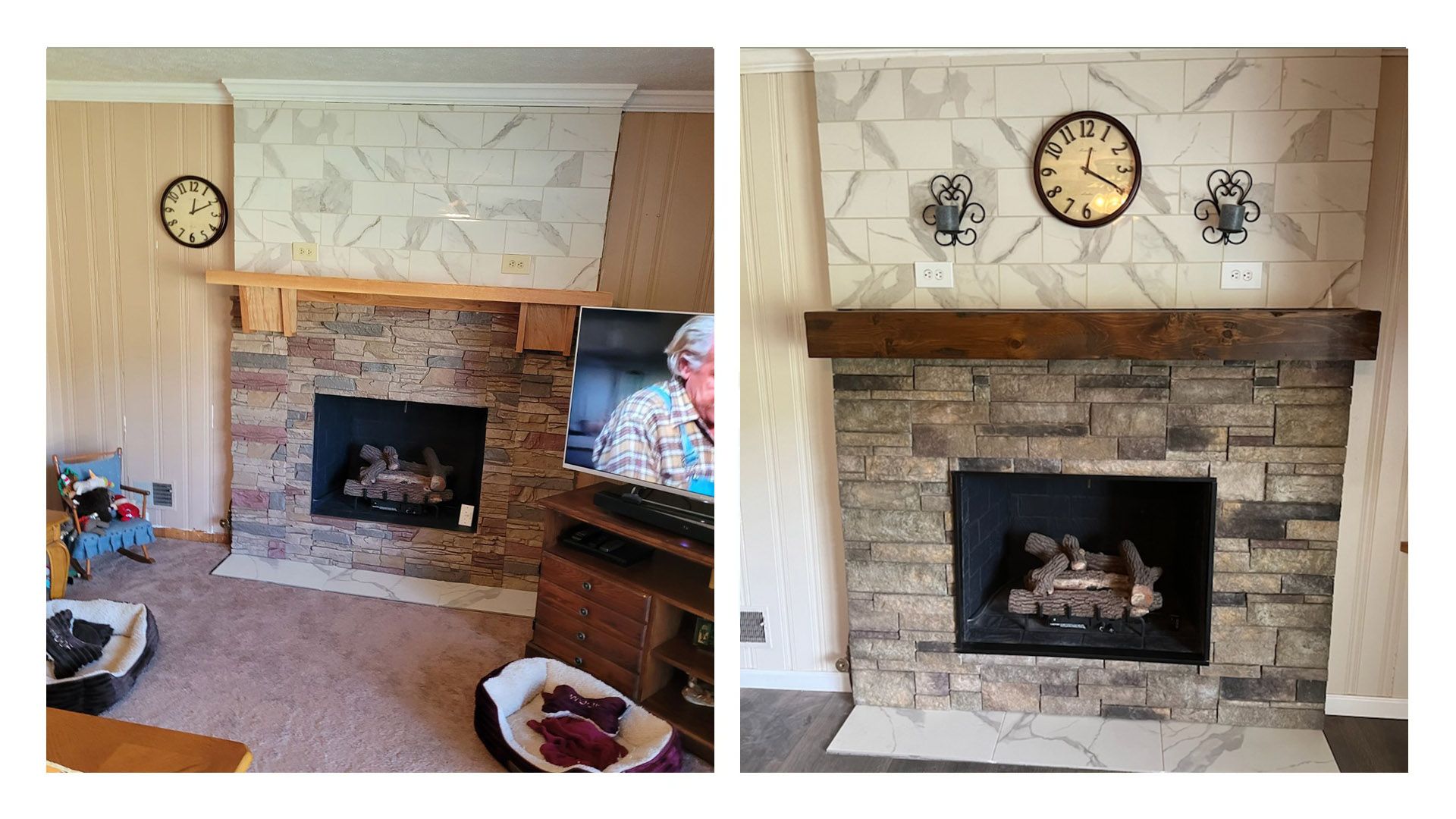 A before and after picture of a fireplace in a living room.