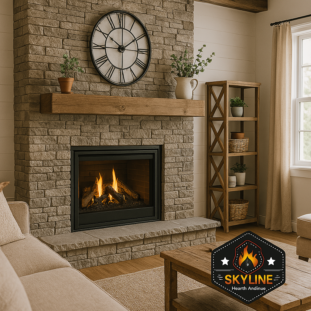 A living room with a fireplace and a clock on the wall.