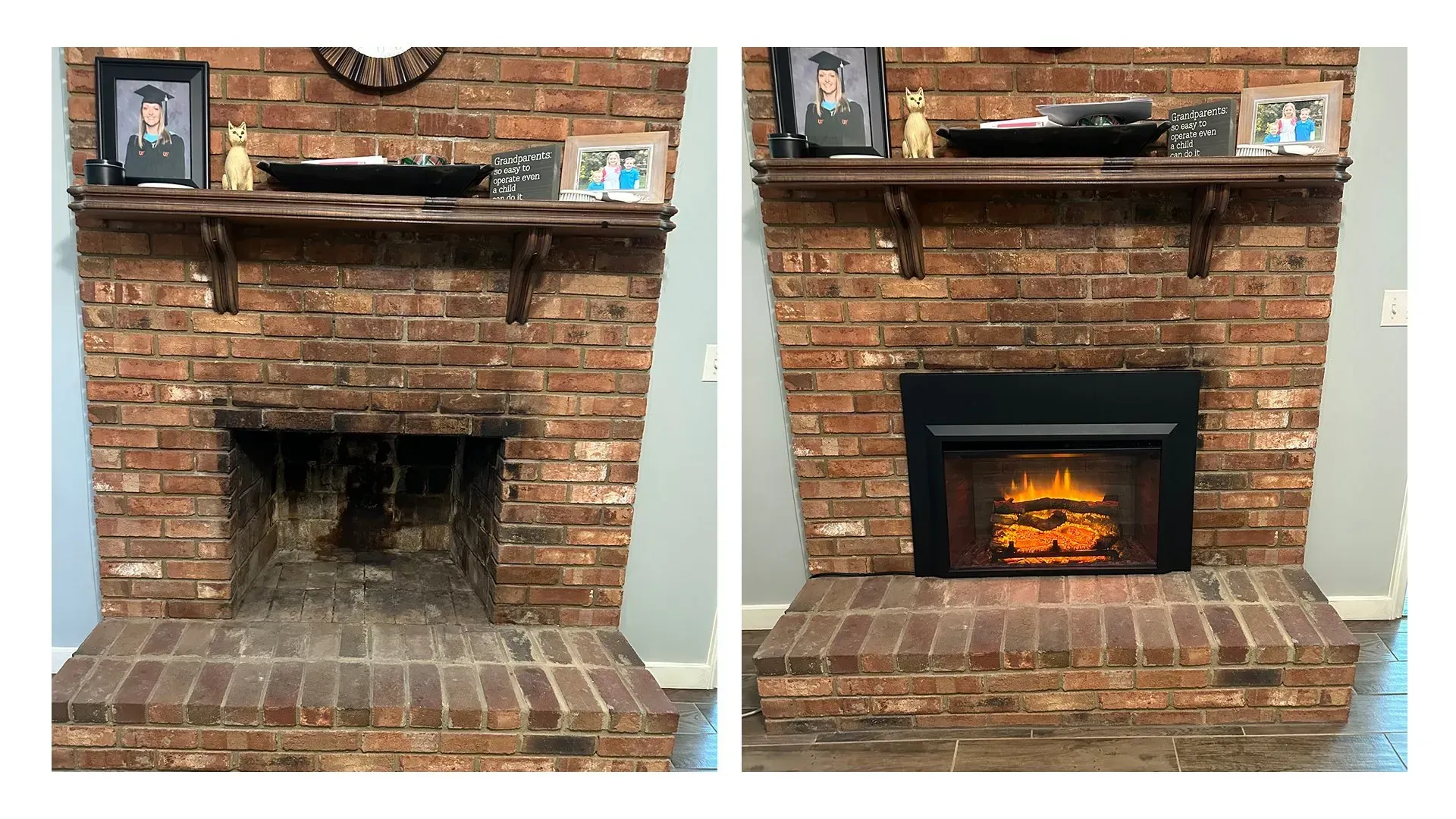 A before and after picture of a brick fireplace with a black insert.