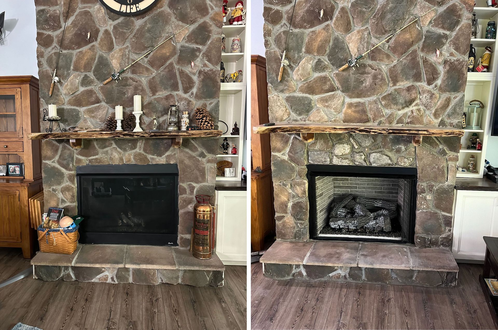 A before and after picture of a fireplace in a living room.