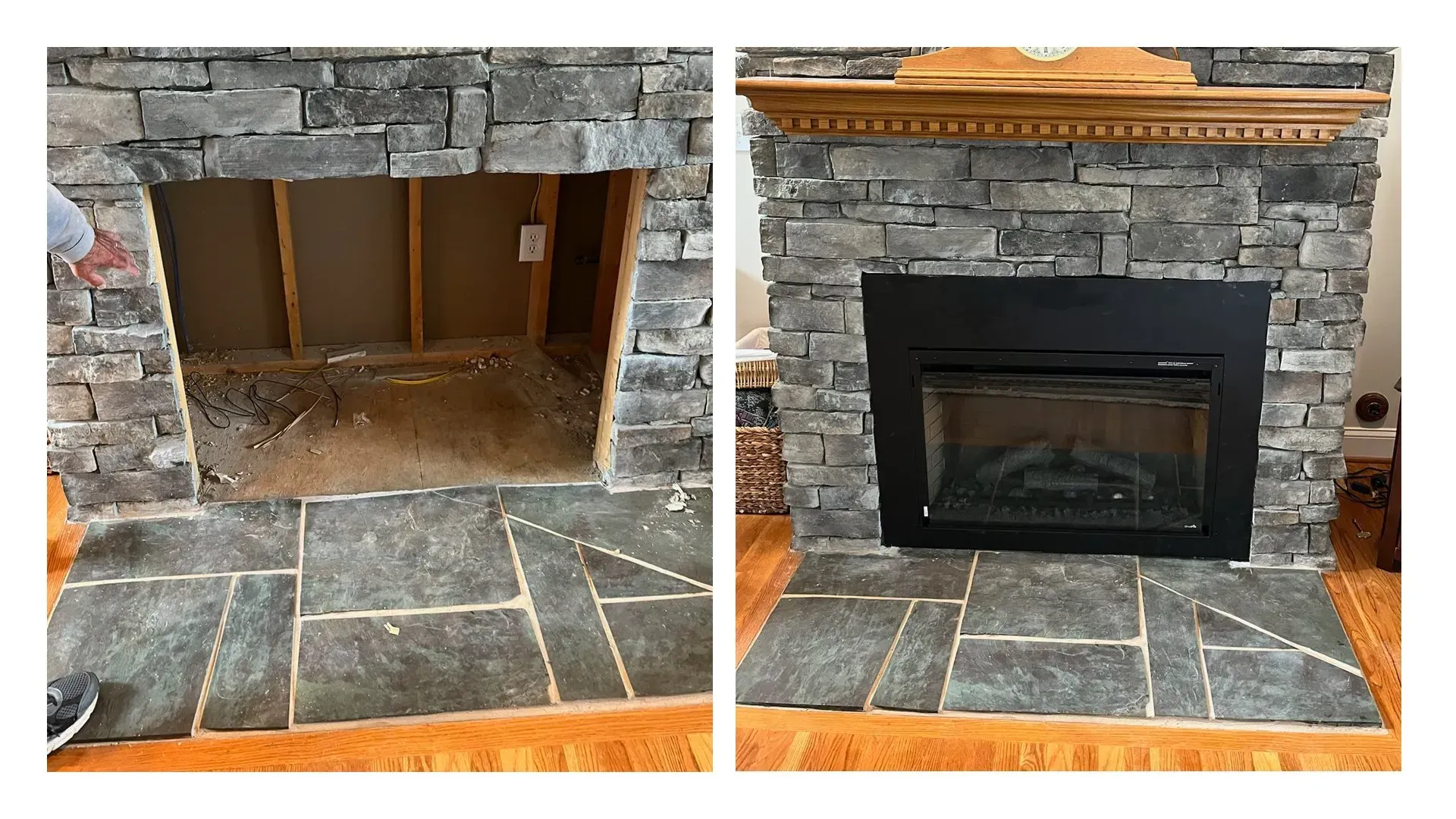 A before and after picture of a fireplace being remodeled.