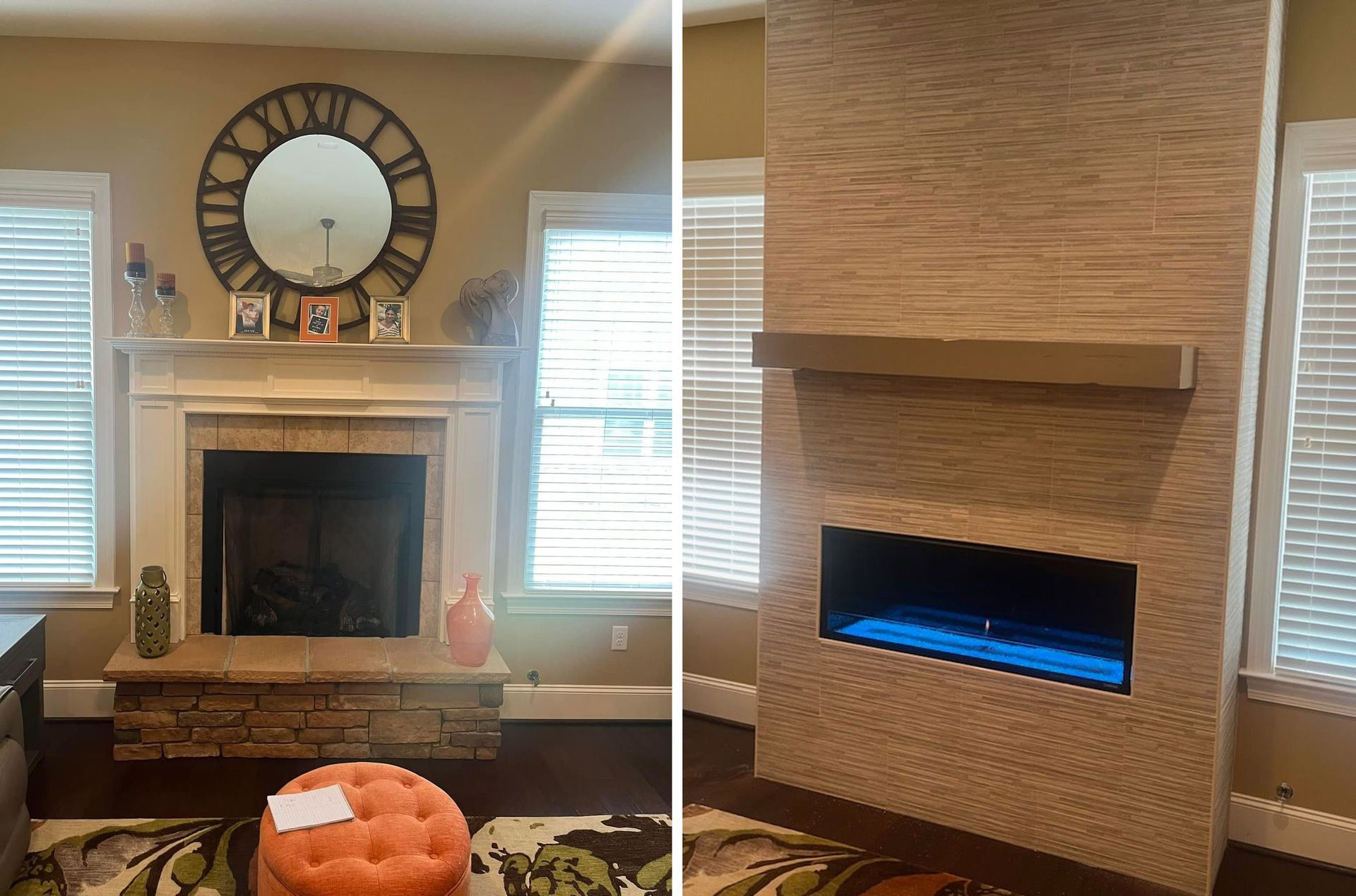A living room with a fireplace and a clock on the wall.