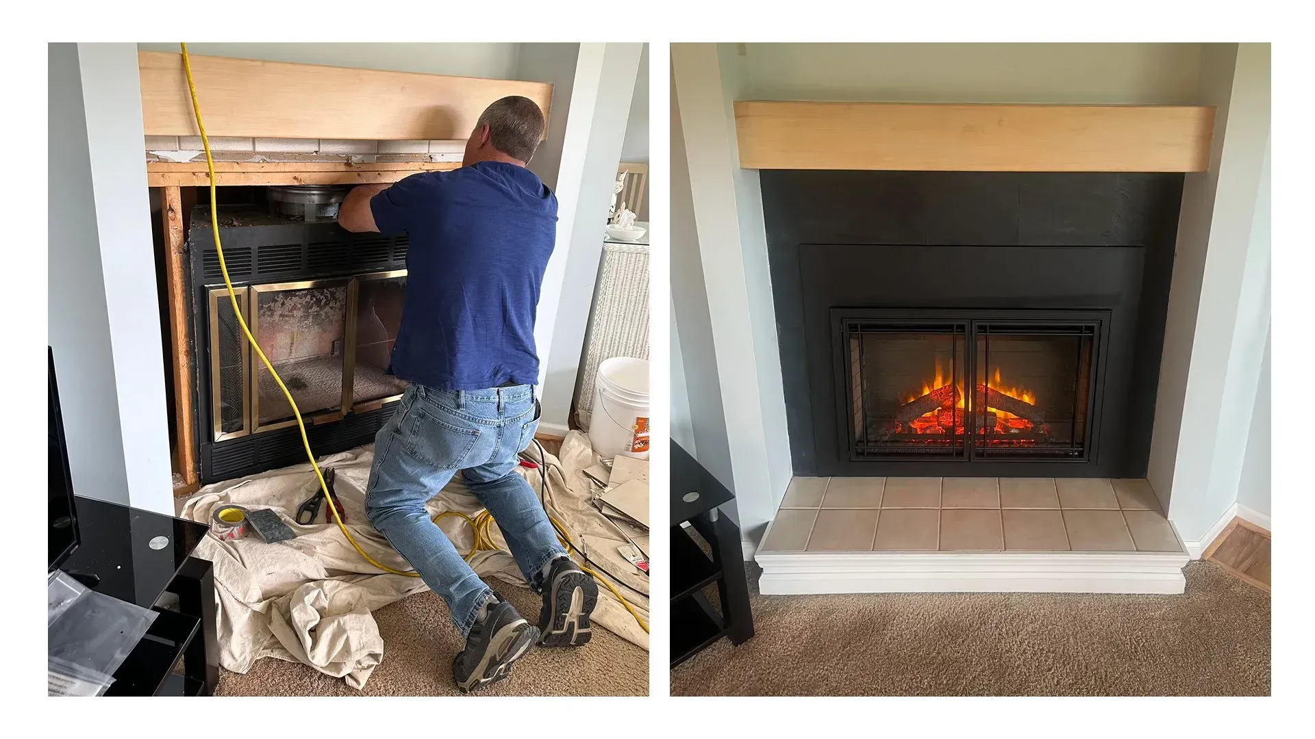 A man is installing a fireplace in a living room.