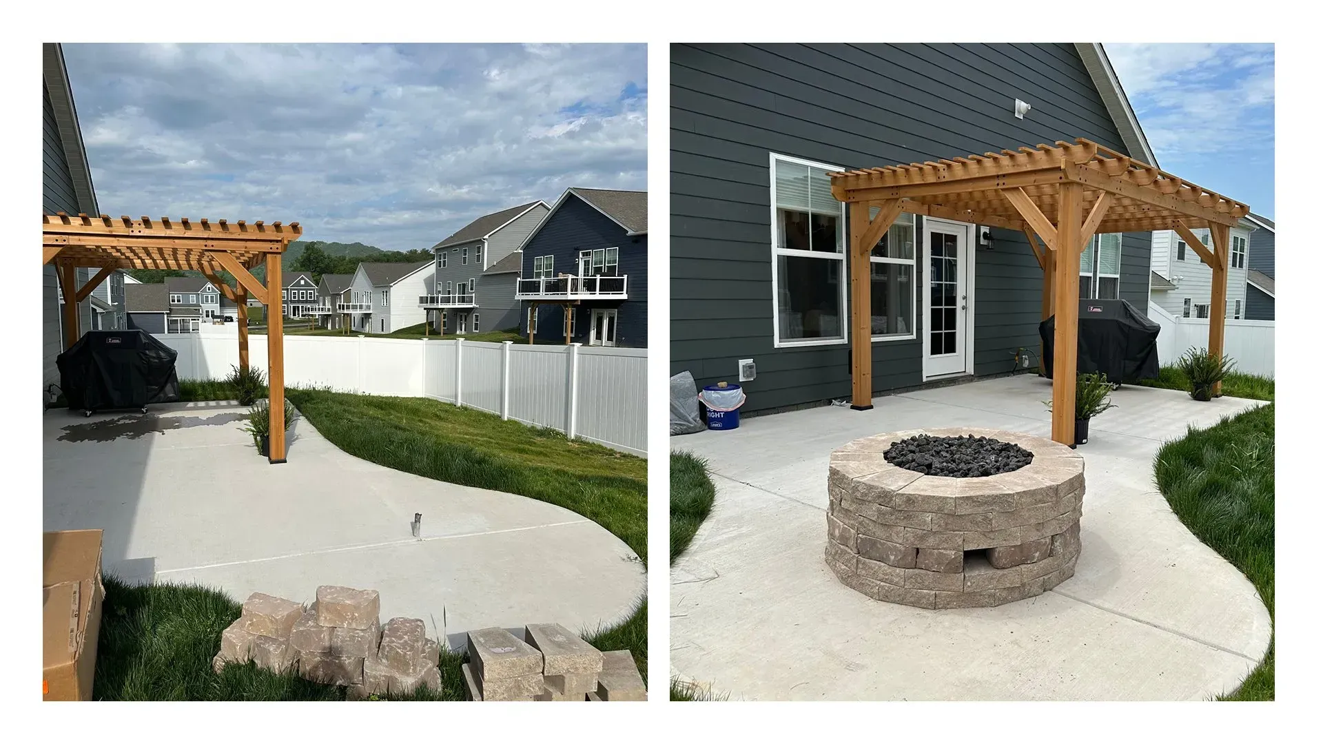 There is a fire pit in the backyard of a house.