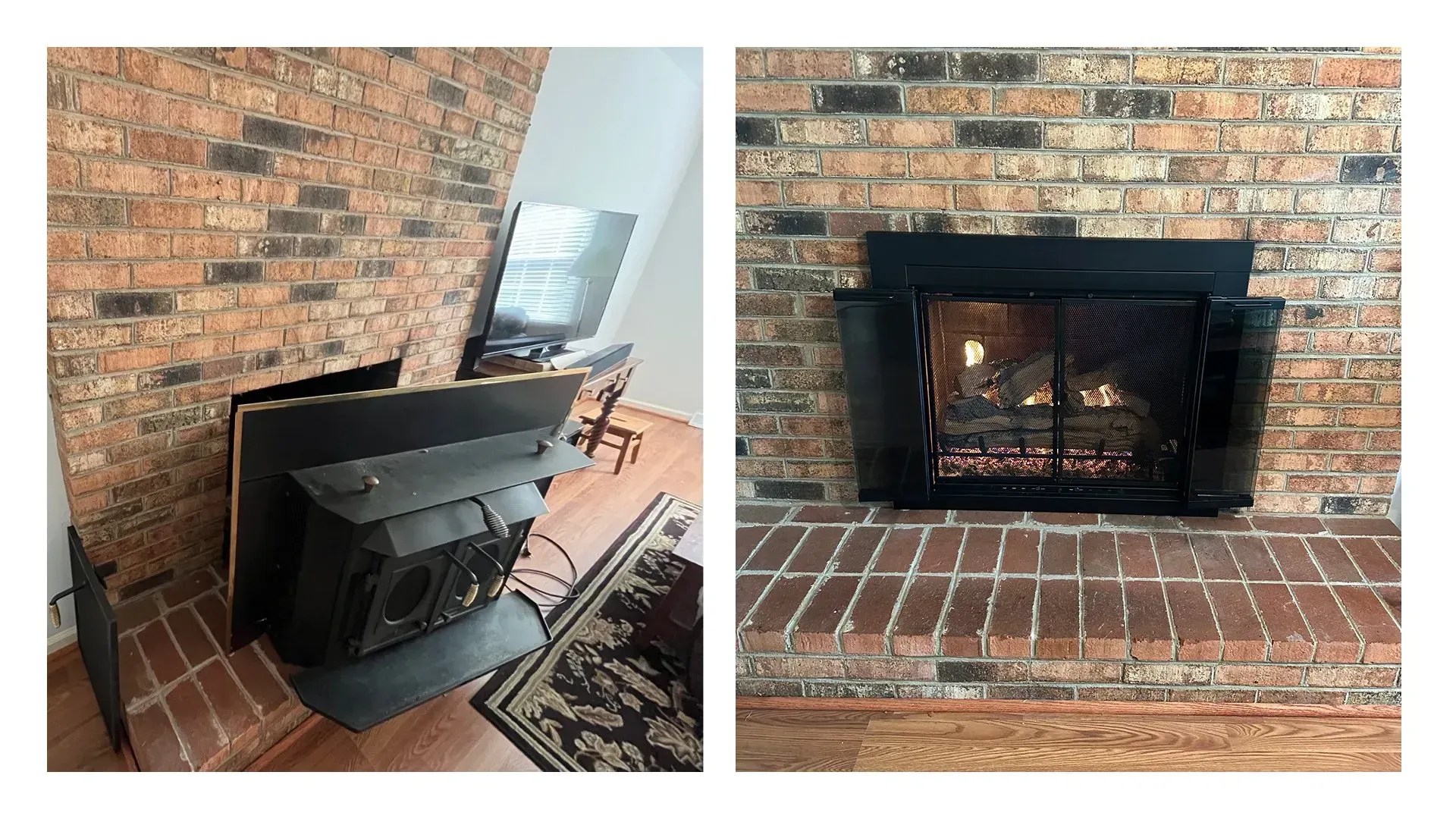 Two pictures of a fireplace with a black screen and a brick wall.