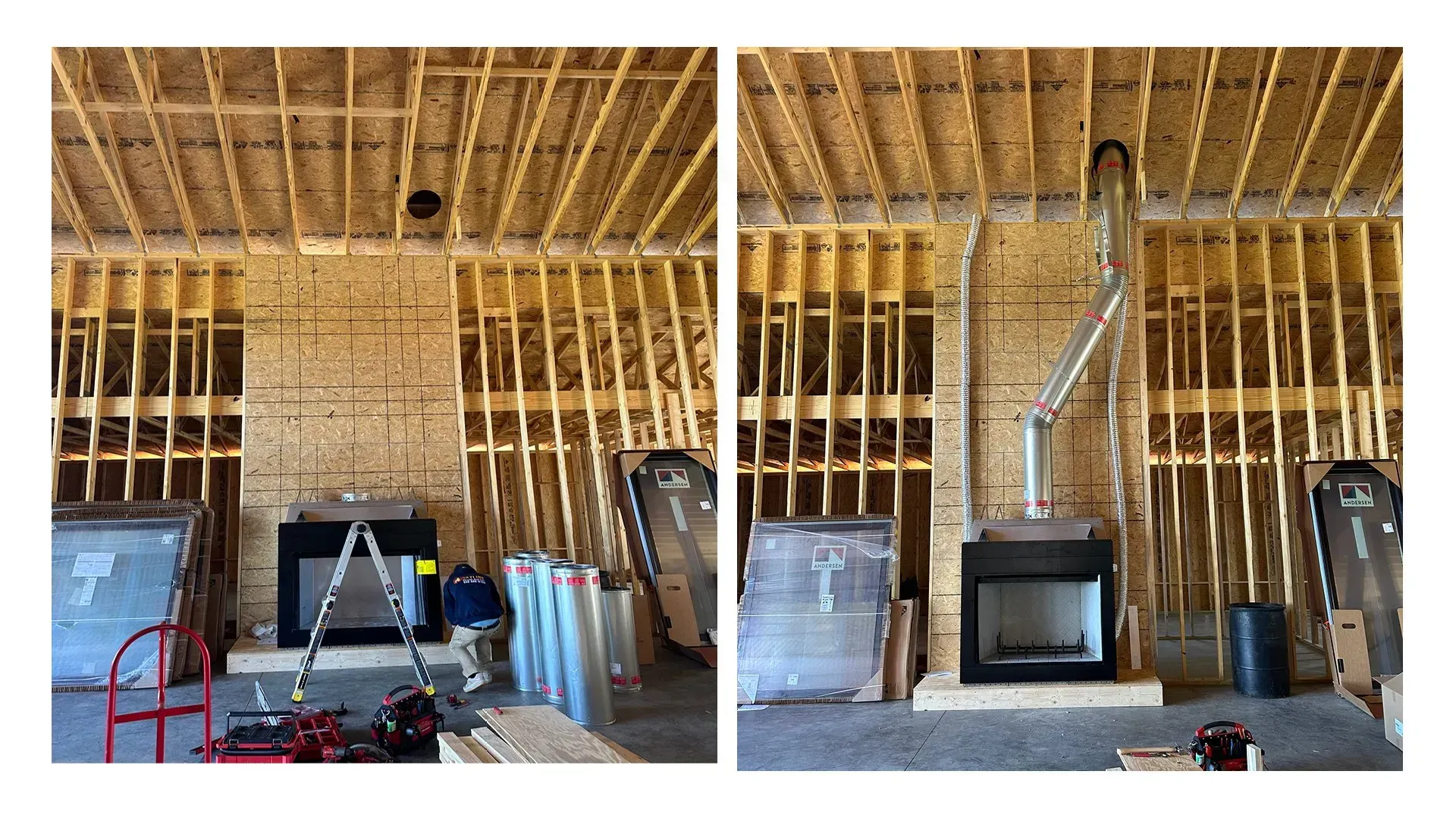 Two pictures of a fireplace in a house under construction.
