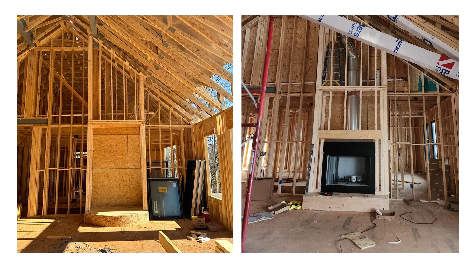 A before and after picture of a house being built