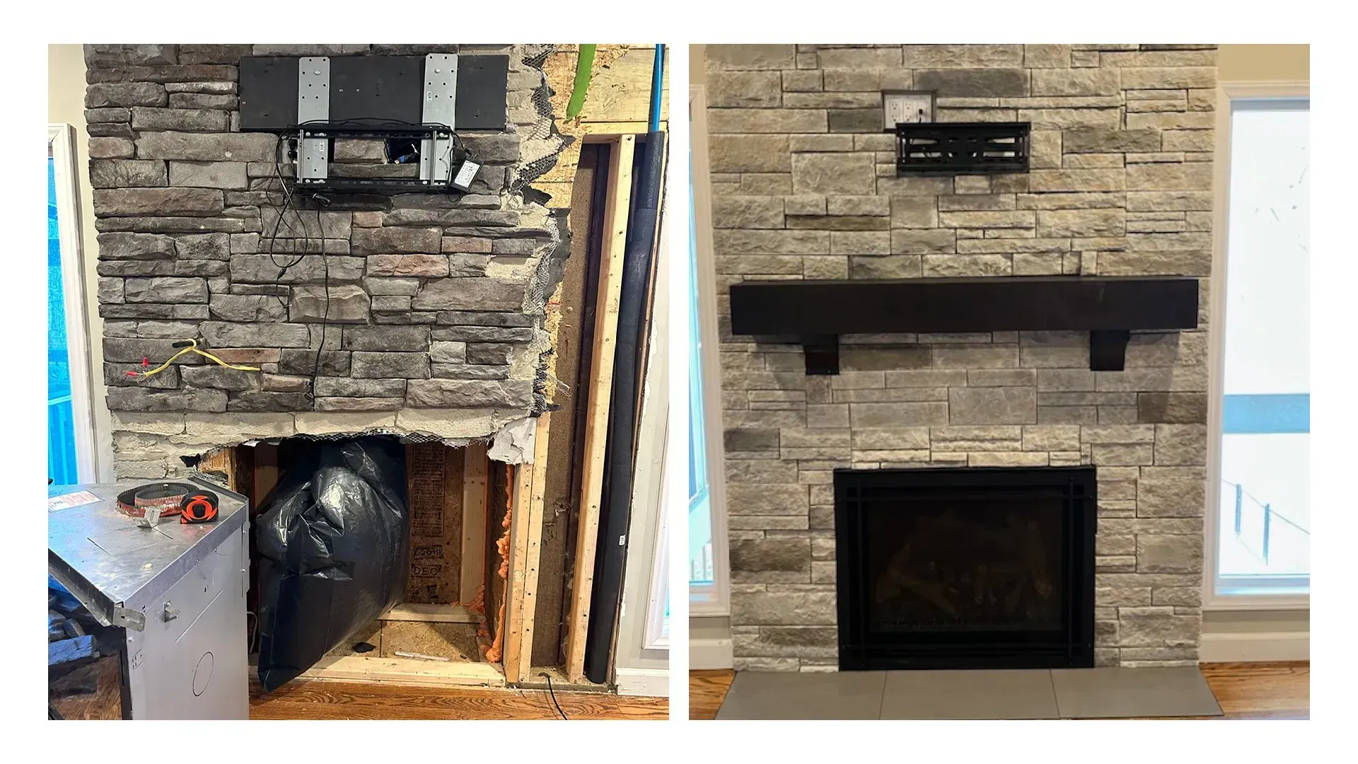 A before and after picture of a stone fireplace with a black mantle.