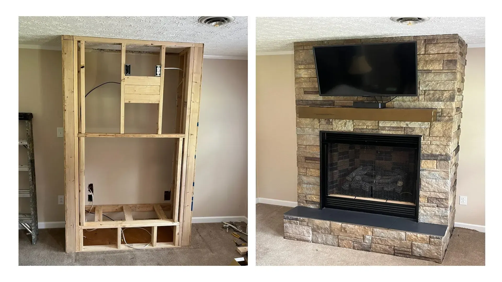 A before and after picture of a fireplace in a living room.