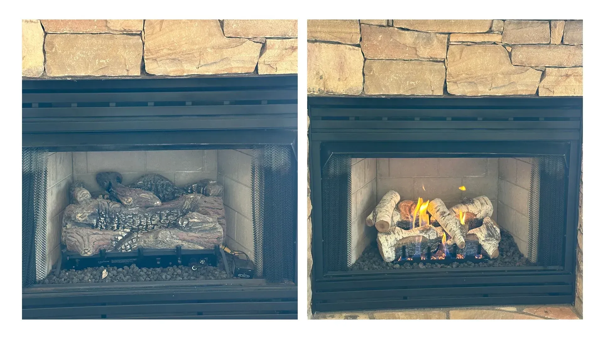 A before and after picture of a fireplace with logs in it.