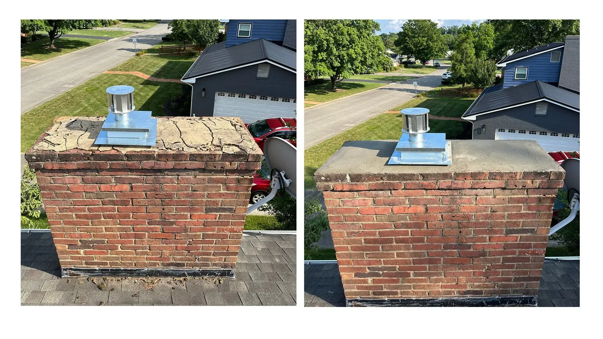 A before and after picture of a brick chimney on a roof.