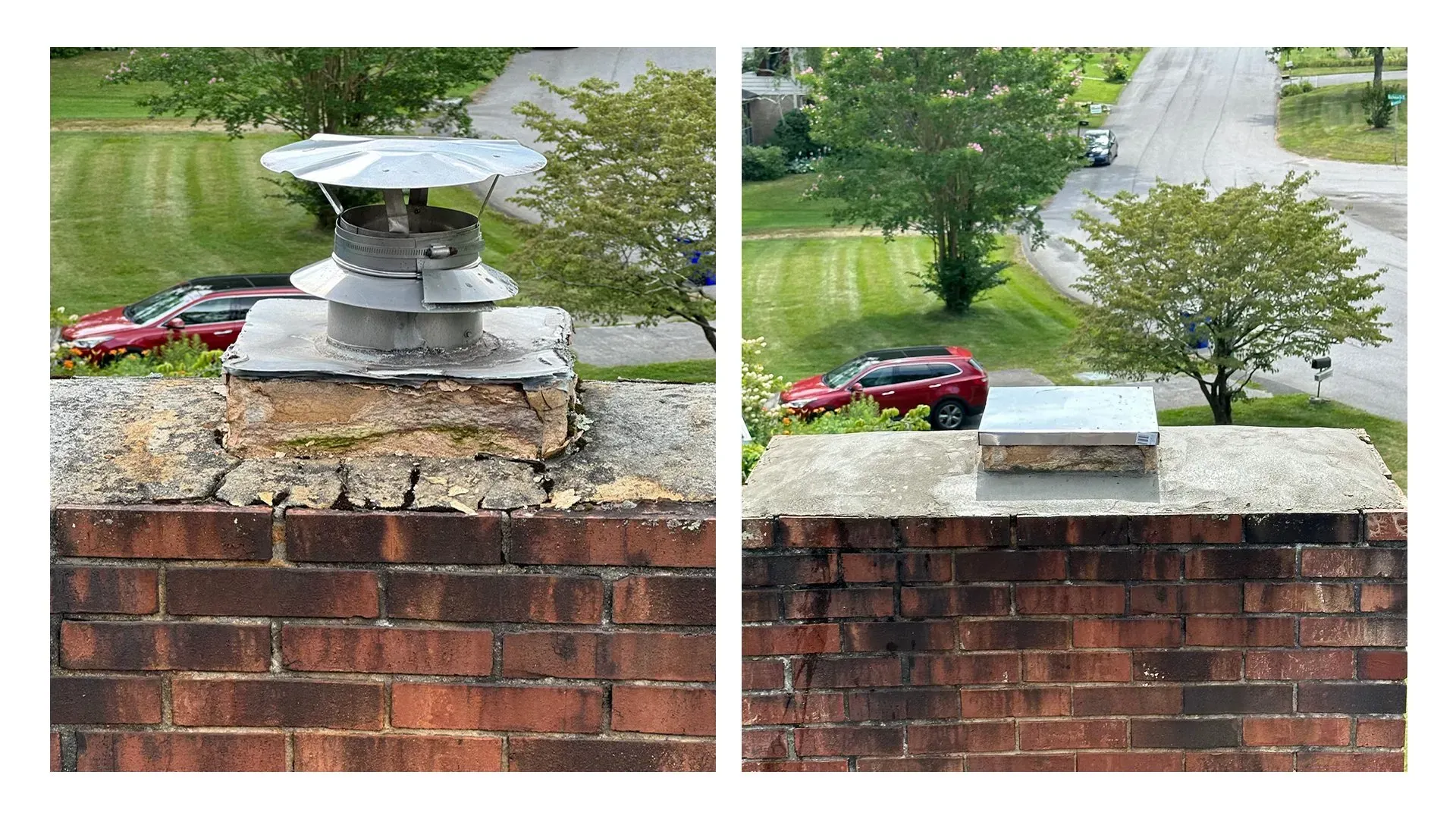 A before and after picture of a chimney on a brick wall.