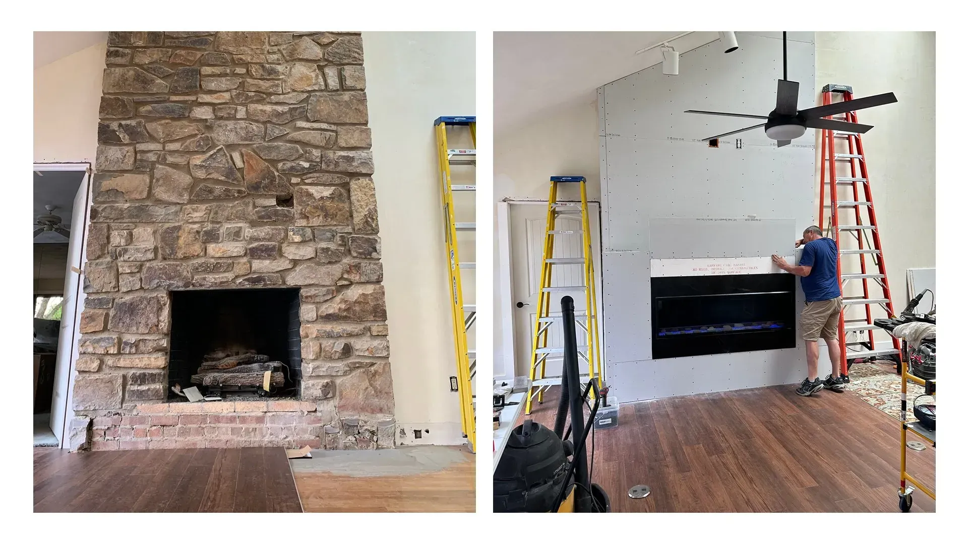 A before and after picture of a fireplace being remodeled.