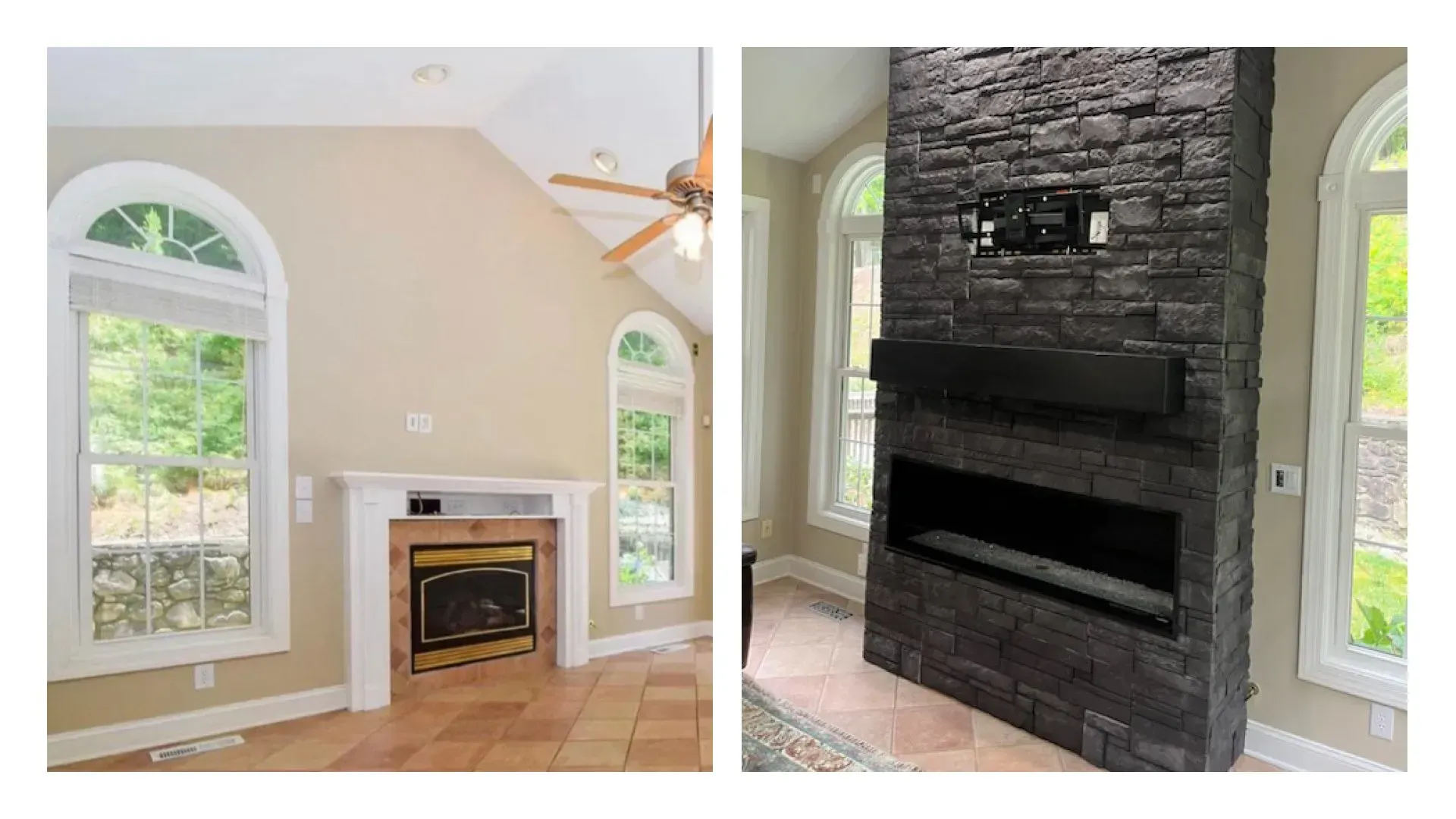 A before and after picture of a fireplace in a living room.