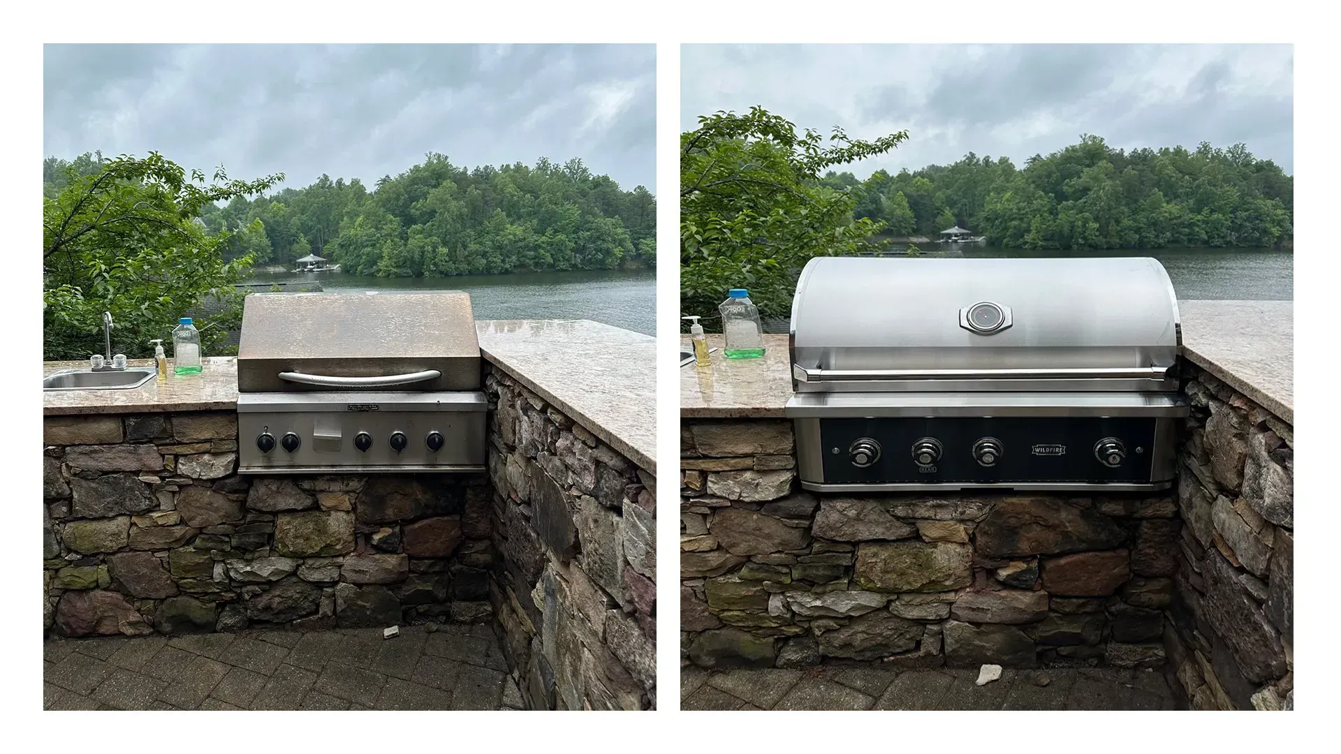 A grill is sitting on top of a stone wall next to a lake.