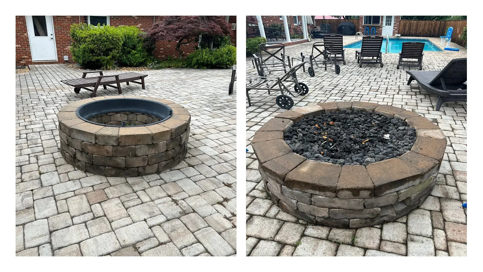 A fire pit is sitting on top of a brick patio next to a pool.