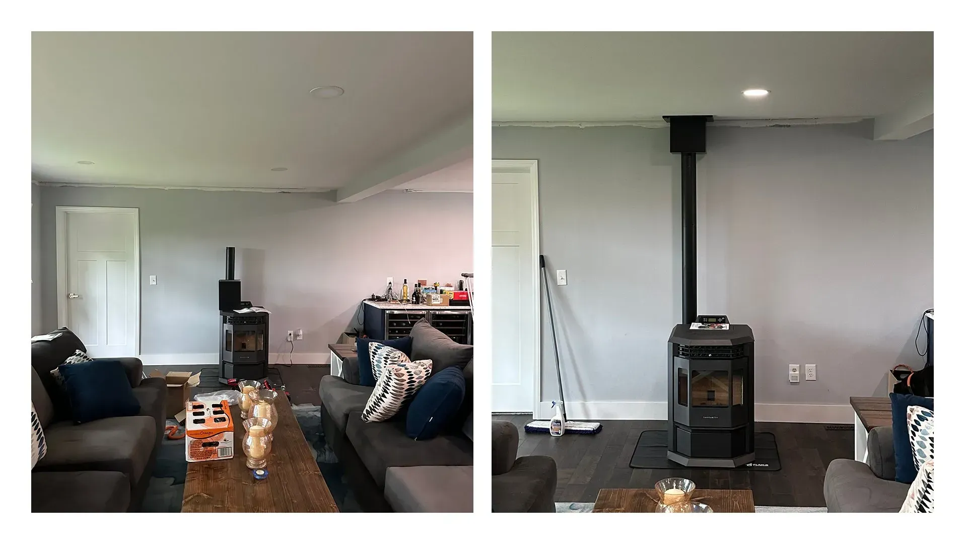 A before and after photo of a living room with a wood stove.