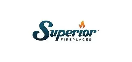 A logo for superior fireplaces with a flame on a white background.