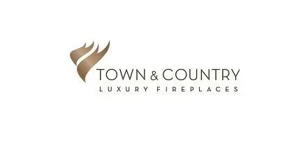 A logo for town & country luxury fireplaces with a flame on a white background.