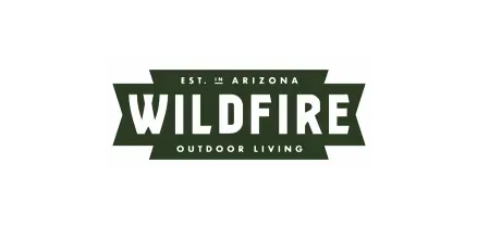 The logo for wildfire outdoor living is green and white.