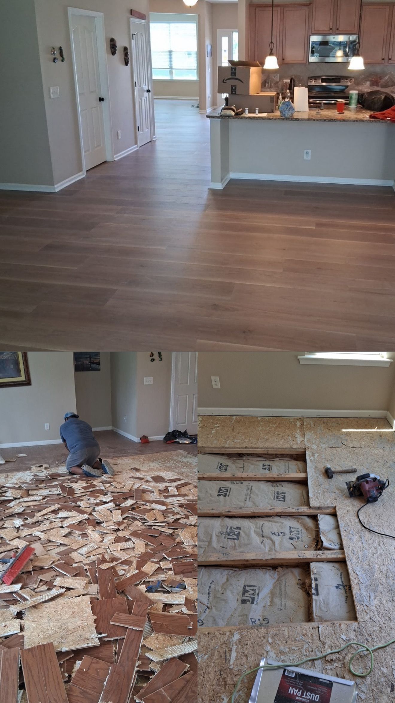 Before-and-after home renovation: finished living area above, exposed subfloor, and debris below.