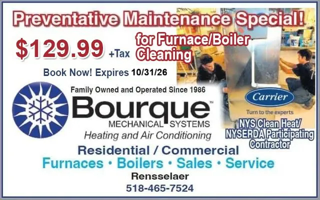 Bourque HVAC ad for $129.99 furnace/boiler cleaning and home heating, with logo and service details..