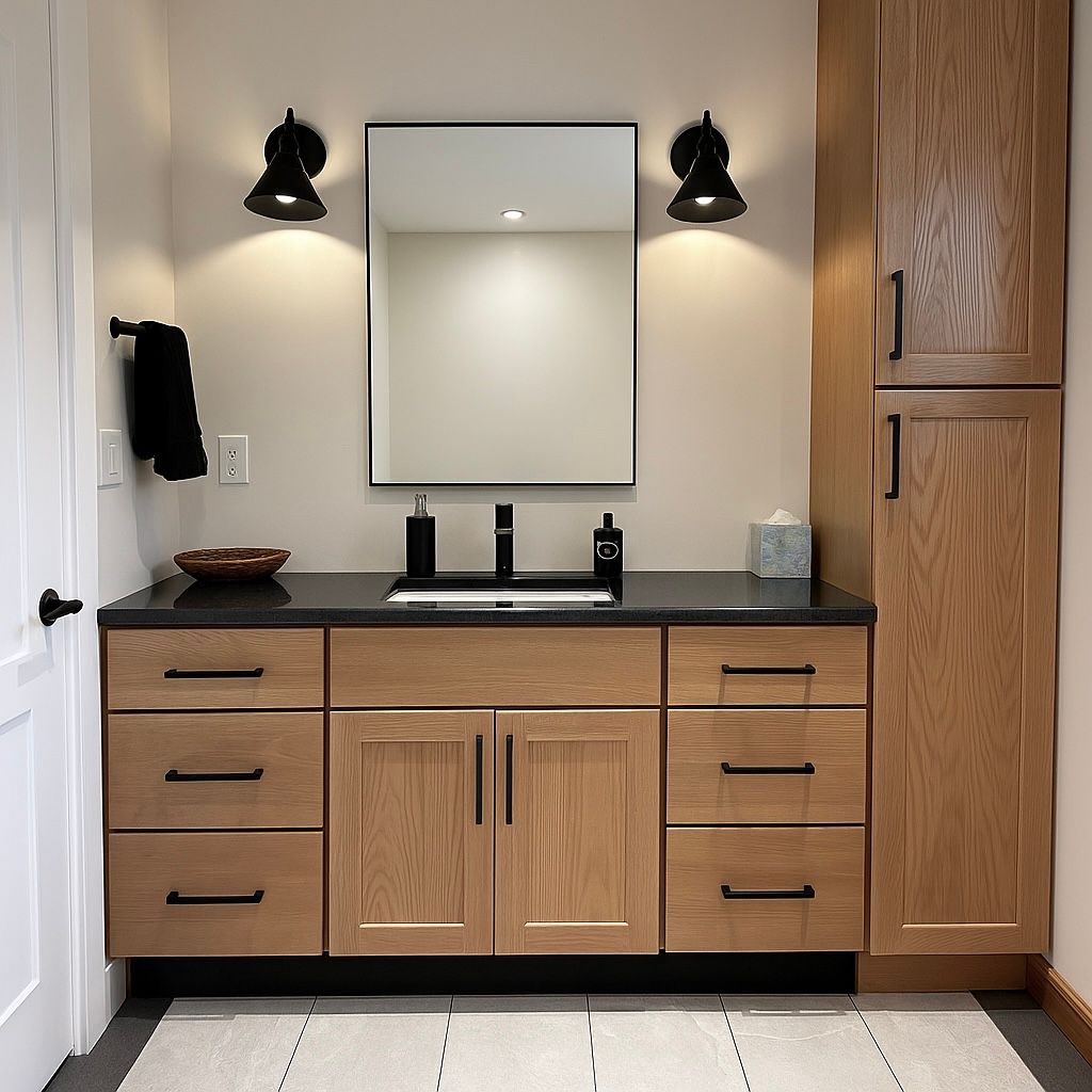 A modern bathroom vanity with light wood cabinets, black hardware, a black countertop, mirror, and wall sconces.