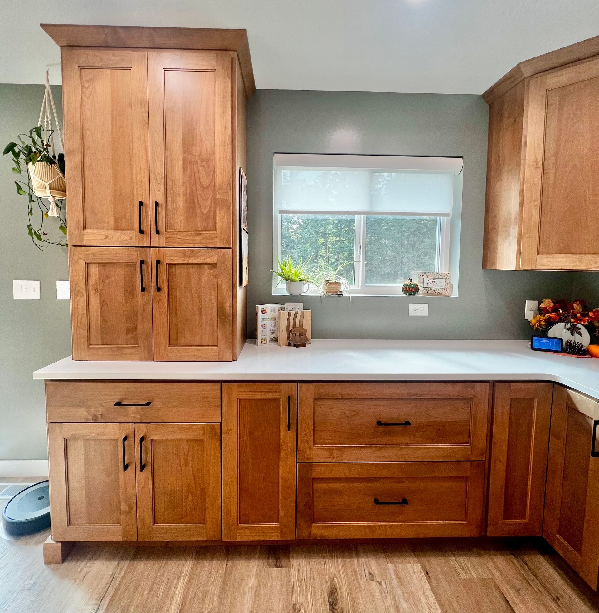A kitchen corner with wooden cabinets, a white countertop, a window with a roller shade, and a small plant hanging nearby.