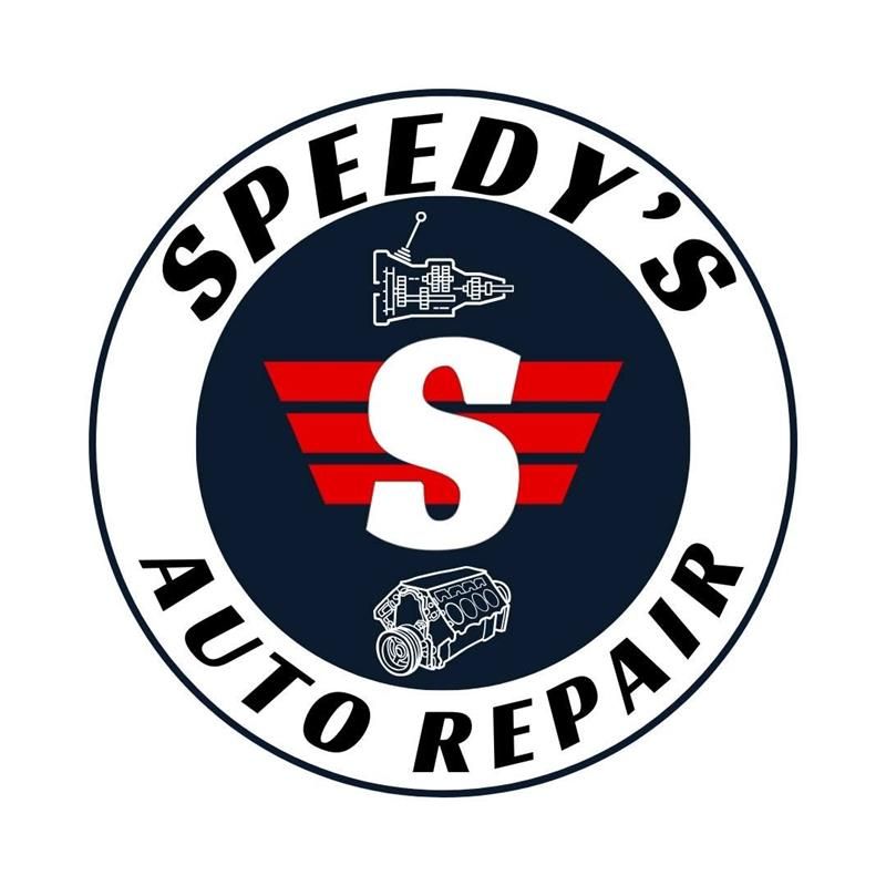 Speedy’s Auto Repair logo with a red S, black circle, and car and engine icons