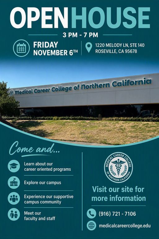 Open house flyer for College of Northern California, teal and white, with campus photo and event details.