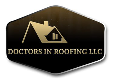 A gold, house-shaped icon with a chimney and window sits above the text "DOCTORS IN ROOFING LLC" on a black background.