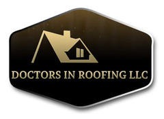 A gold, house-shaped icon with a chimney and window sits above the text "DOCTORS IN ROOFING LLC" on a black background.